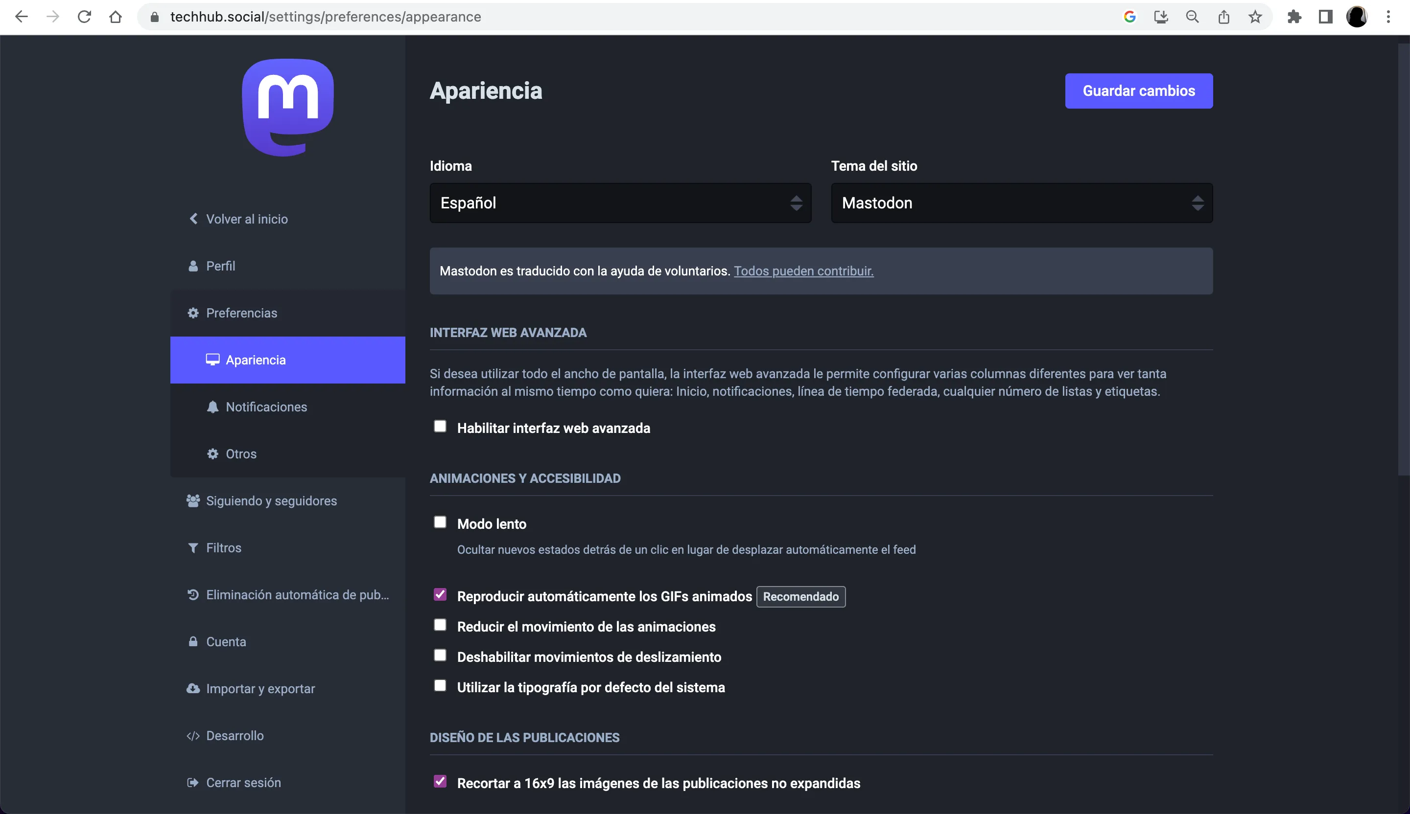 Página de preferencias de Mastodon