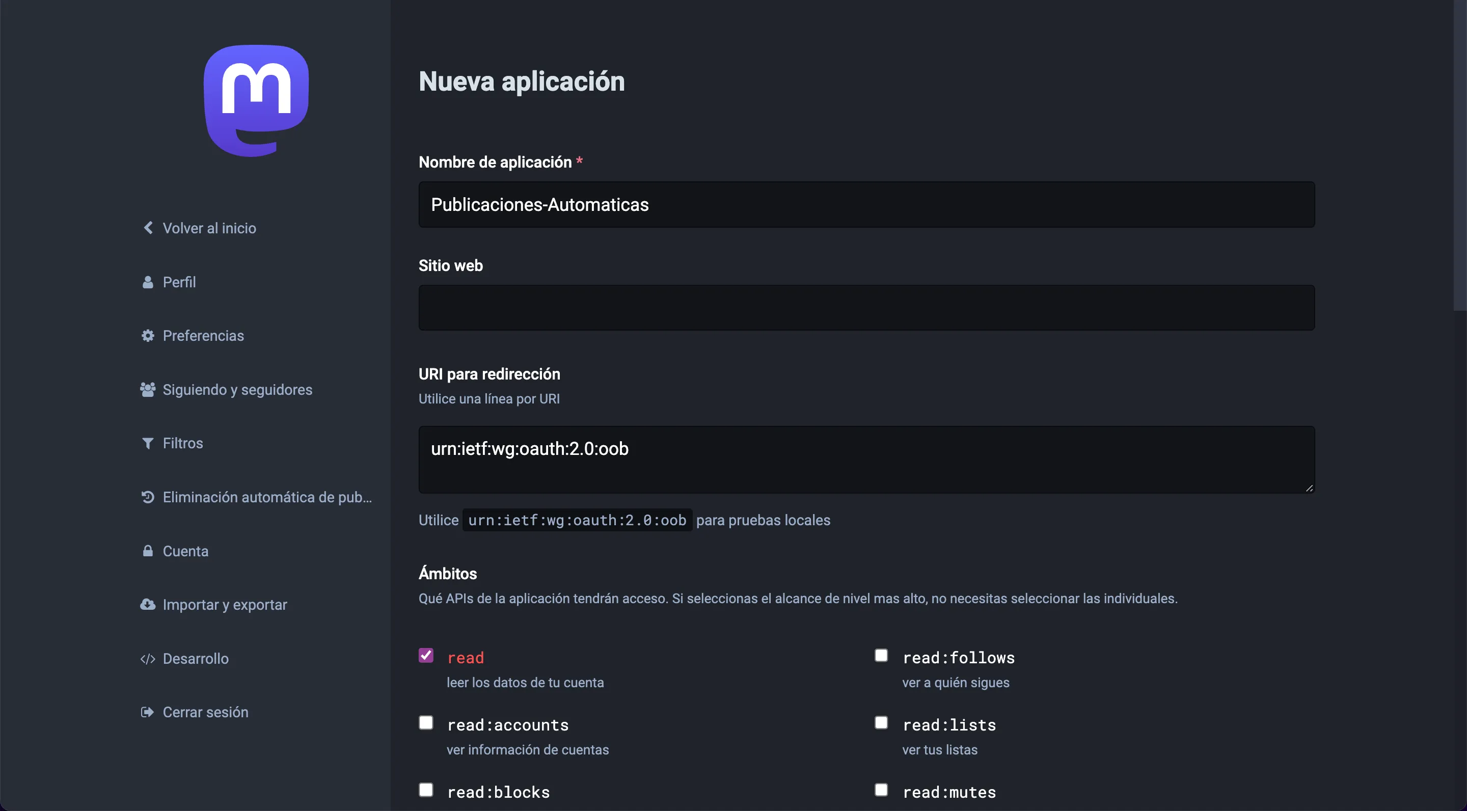 Rellenar formulario de nueva aplicación en Mastodon
