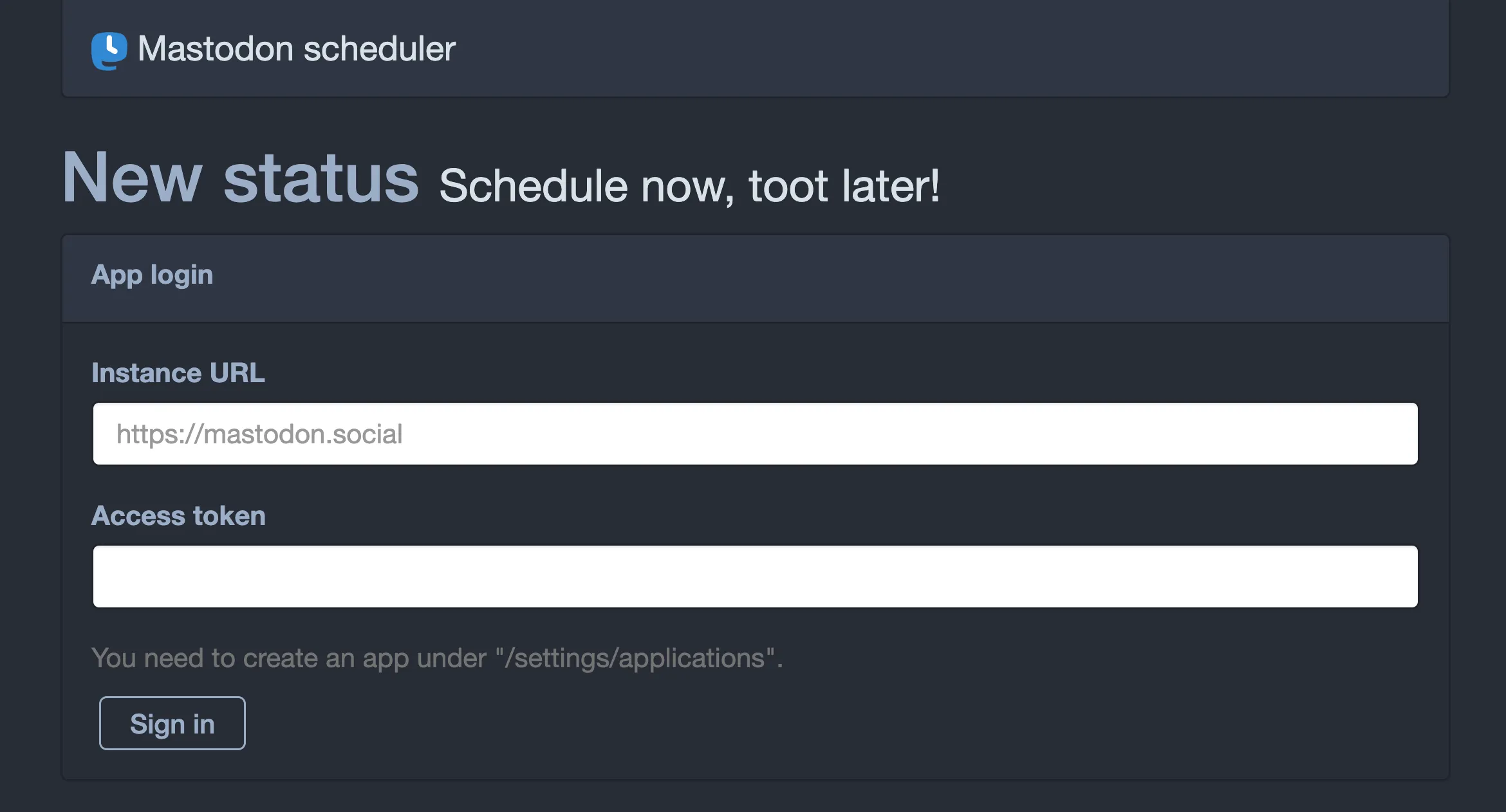 Formulario de configuración de Mastodon Scheduler
