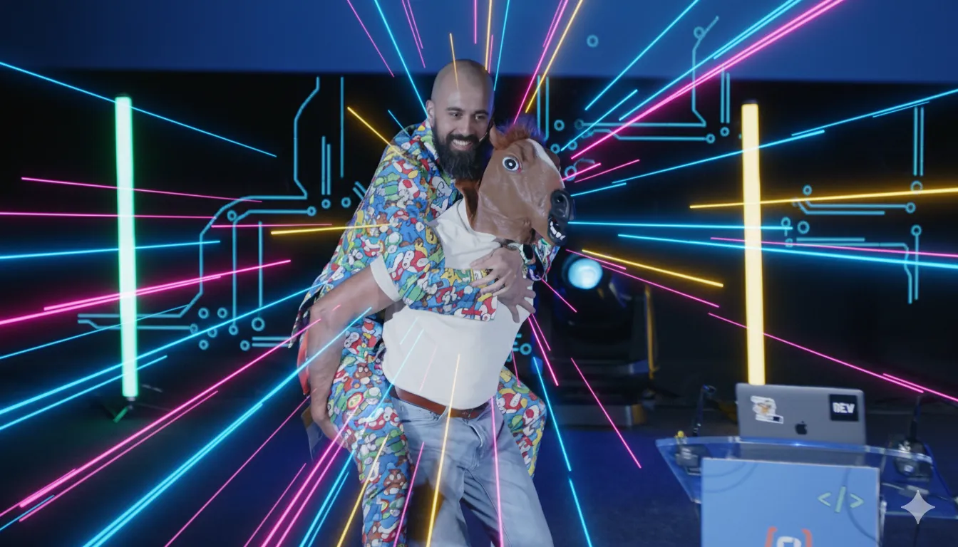 Jorge Baumann (@baumannzone) subido a un caballo en una conferencia con el traje de Mario Bros