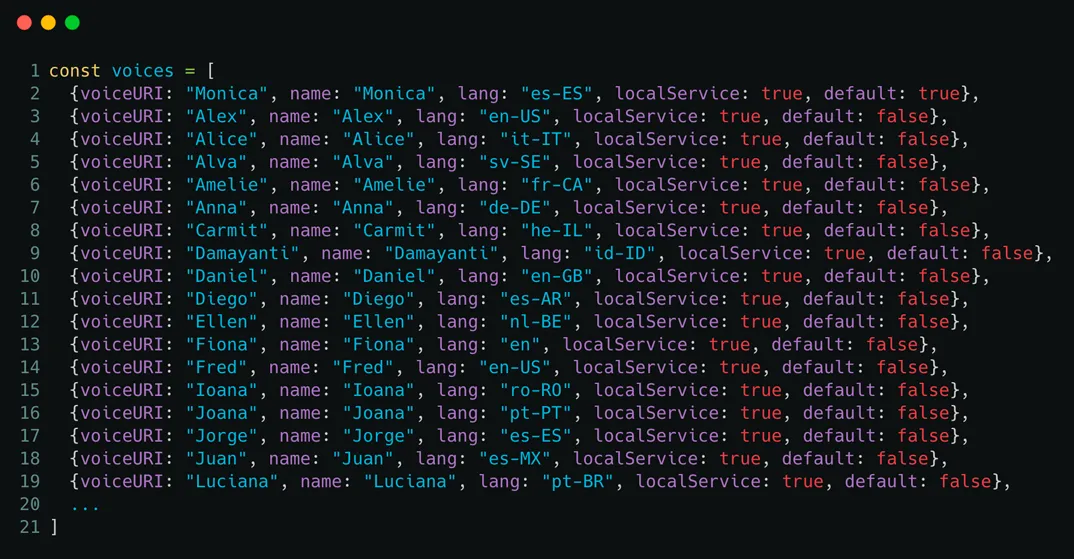 Lista de voces disponibles en el Macbook Pro